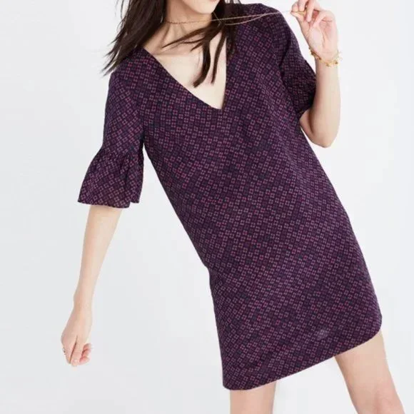 Madewell Purple, Pink & Navy Bell Sleeve Silk Mini Dress - Picture 6 of 8
